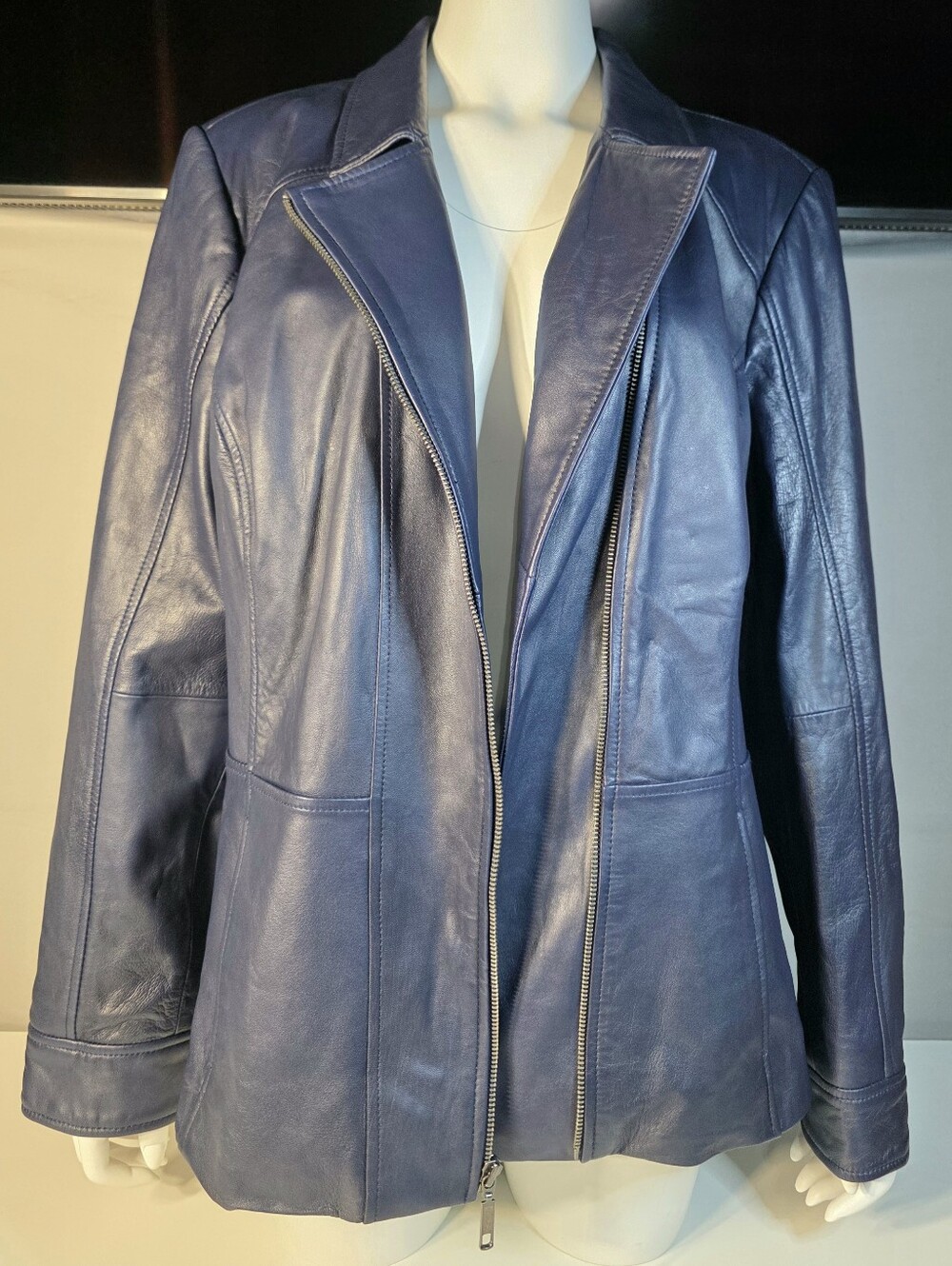 Denim & Co Lamb Leather Navy/Dark Blue Zip Front Jacket Size XL
